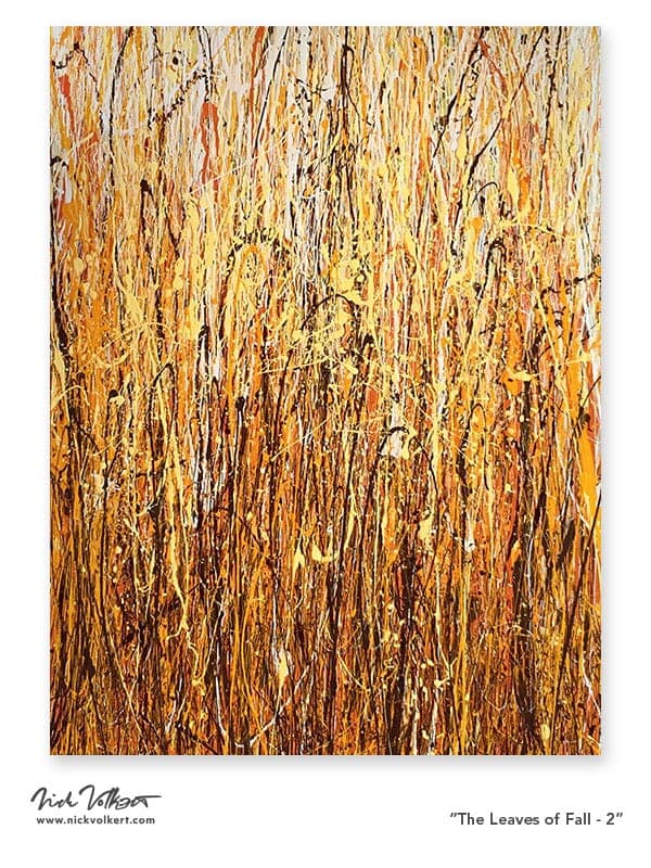 A vertical abstract work on canvas with prominent use of yelow, with traces of orange, deep red and brown.