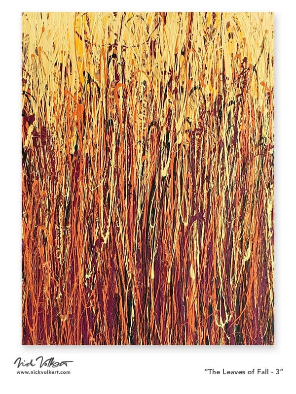 A vertical abstract work on canvas with prominent use of yelow, with traces of orange, deep red and brown.