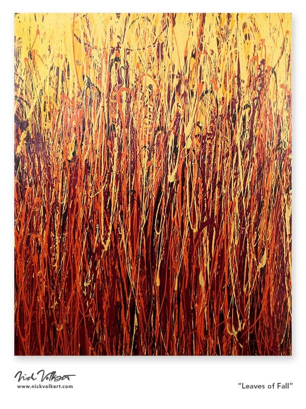 A vertical abstract piece on canvas with deep reds, red, orange and yellows that feel very fall-like.