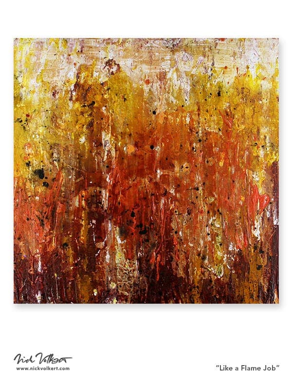 A square abstract work on board using latex acrylice with fiery applications of white, yellow, orange and a deep red to give it a flame-like appearance.