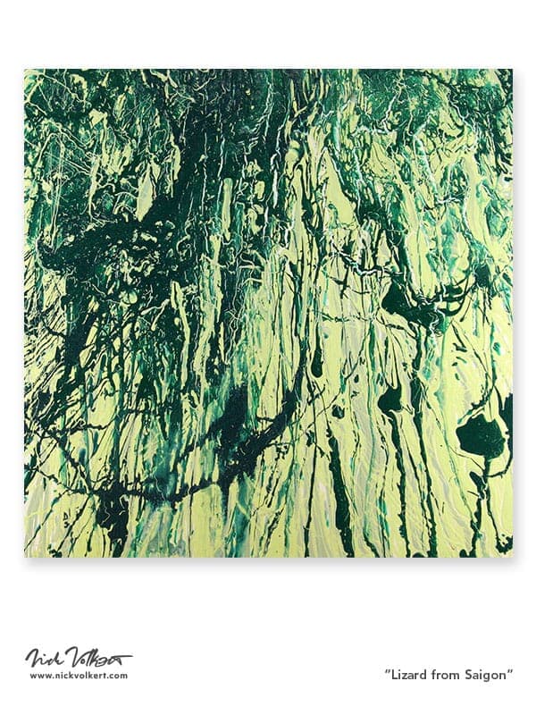 A square abstract works with various shades of green building up over a board with latex acrylic.