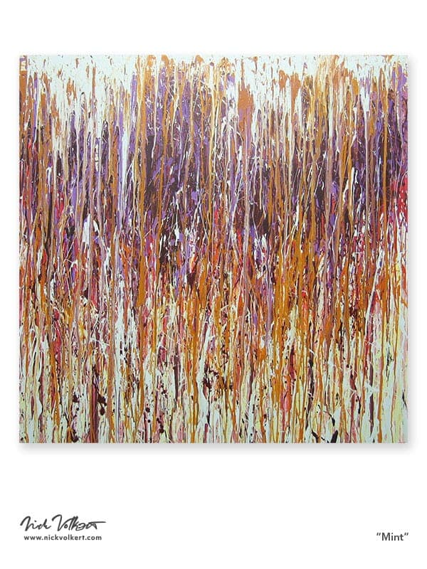 A square abstract work featuring mint green as the prominent color with some purples, dark purples oranges and golden yellow peeking through.