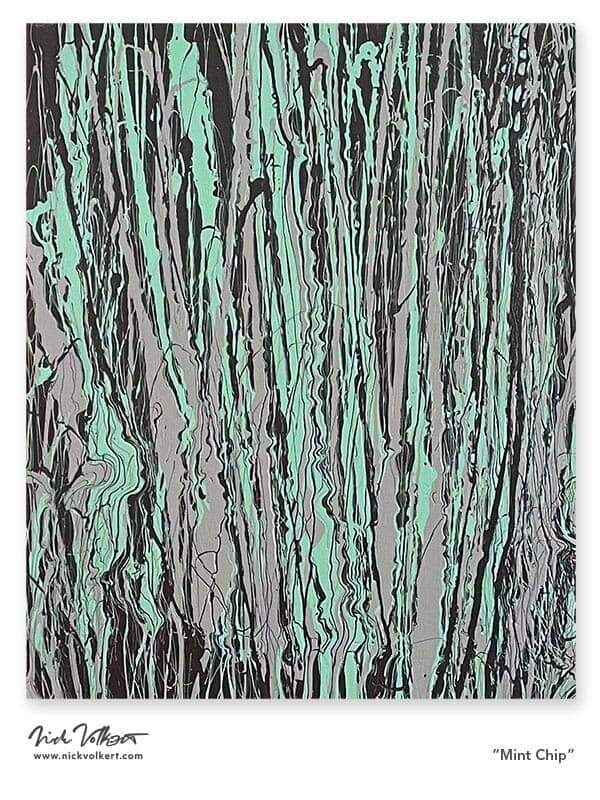 A vertical splatter abstract work on canvas with light gray, mint green, and a dark brown almost black colo scheme.