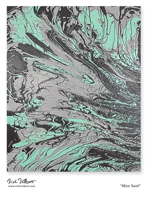 A vertical swirling abstract work on canvas with light gray, mint green, and a dark brown almost black colo scheme.