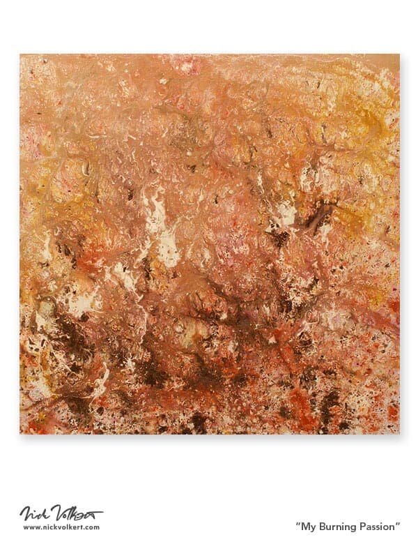 A cloud-like application of earthy colors creates a soft but chaotic visual on this abstract piece on a square board.