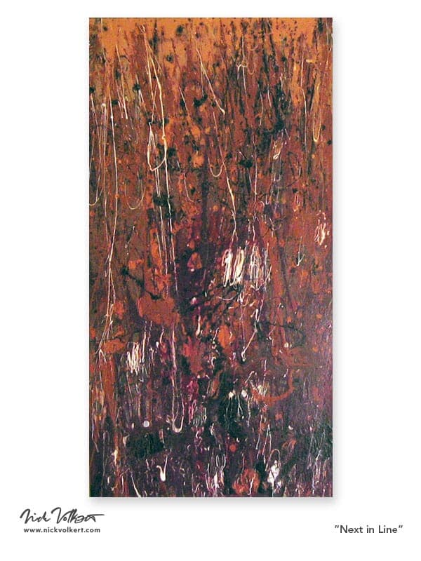 A vertical abstract piece on a rectangular board on a frame with earthy purples, browns and orange shades of color.