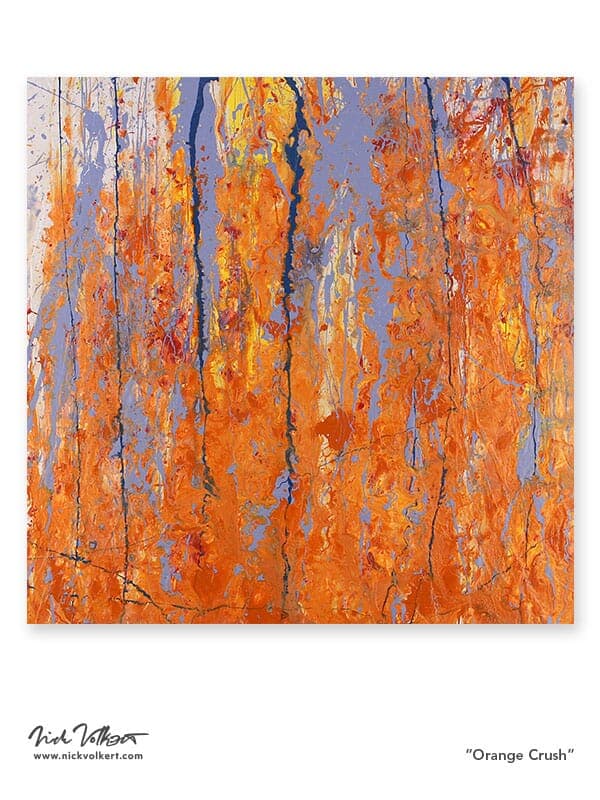 An orange heavy abstract painting with touches of light blue, dark blue and yellow on a board.