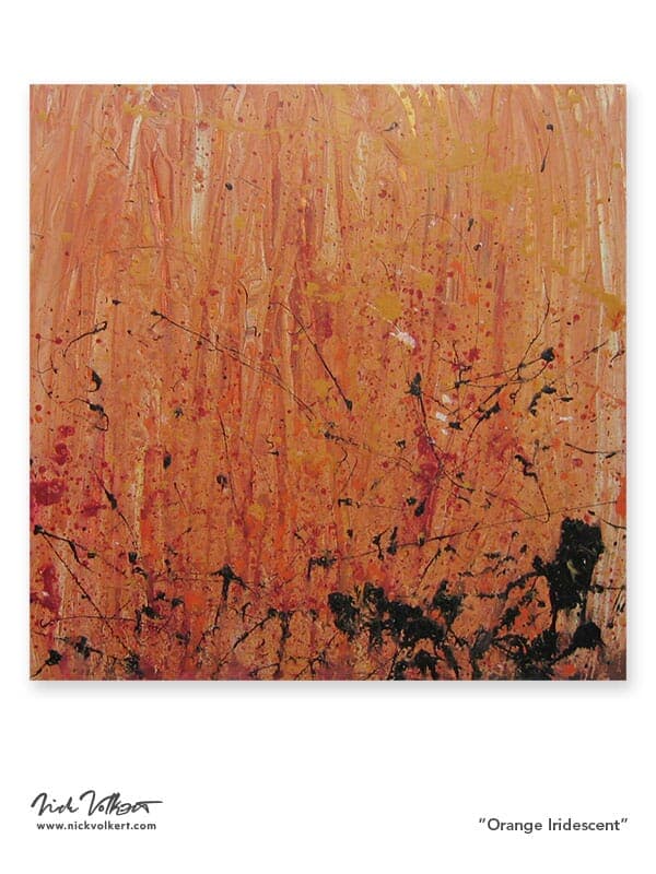 A square abstract painting with an iridescent, pearl-like finish with splatters of black and red.