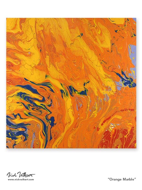 An abstract work with swirling color with orange being the main color with hints and specs of blue, red and yellow.