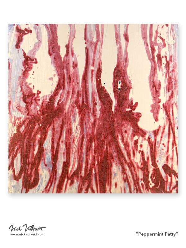 A squre abstract work on board with a swirling field of white and red using acrylic paints.