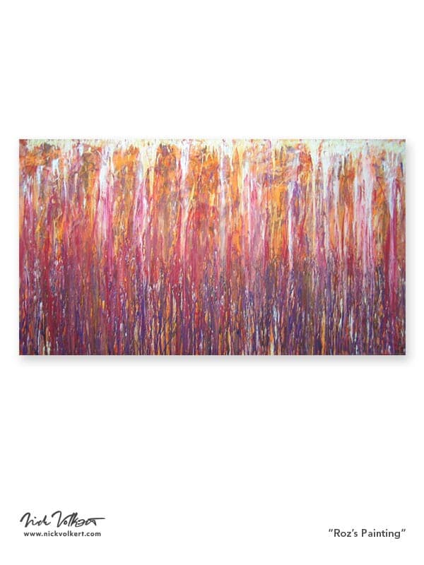 Abstract painting work on an unstretched canvas with reds, purples, oranges and whites.