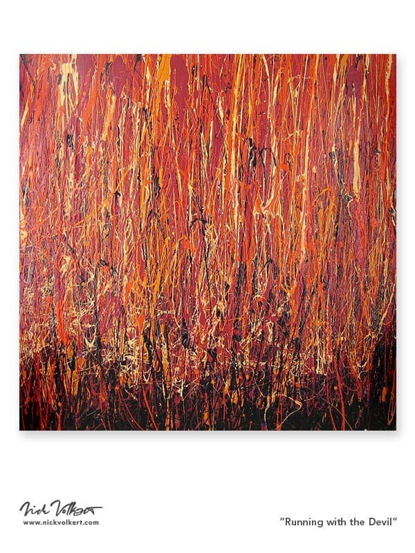 A large square abstract work wit deep reds, black, orange and touches of light orange in tribute to my favorite band, Van Halen.