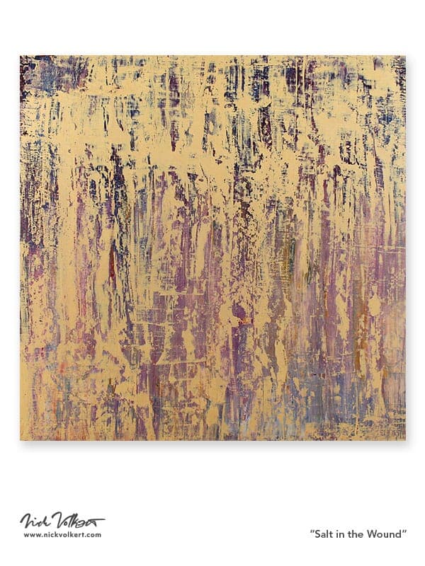 An abstract art piece made with oil paint that has a sandy flesh-tone color covering a reddish and purple base color.