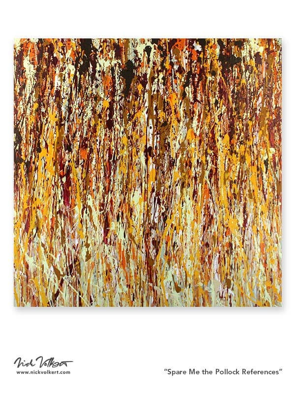 A vibrant work with ornages, browns and greens with tight vertical splatter marks on the work building a field of colors on a square canvas, painted with latex acrylic paint.