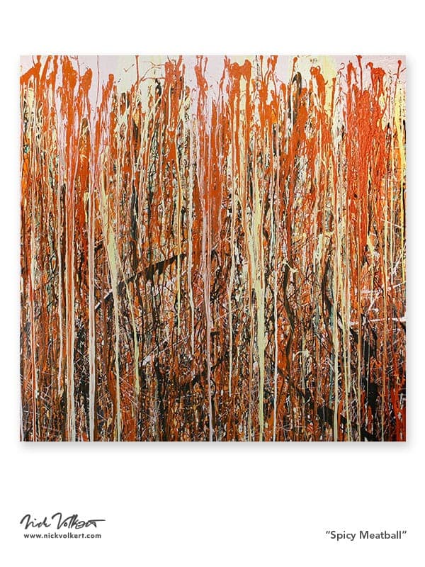 An abstract painting on a square board with rich shades of orange with hints of blue and black.