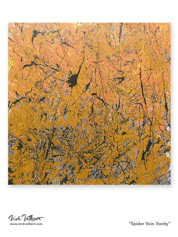 Scattered hairline lines and splatters of black cover a golden field of color with hints of orange and blue.