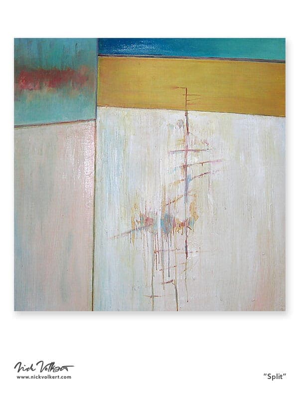 An abstract work on framed panel with various colors and textures that have divisions between each section.