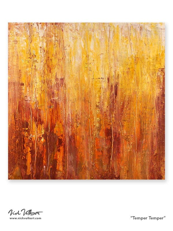An oil painting on board made with a build up of red and progressively lighter orange colors on a square piece of wood.