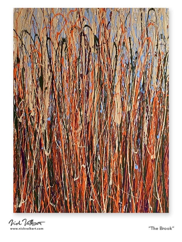 A rectangular abstract work on canvas with deep earthy colors and a prominent blue throughout the piece.