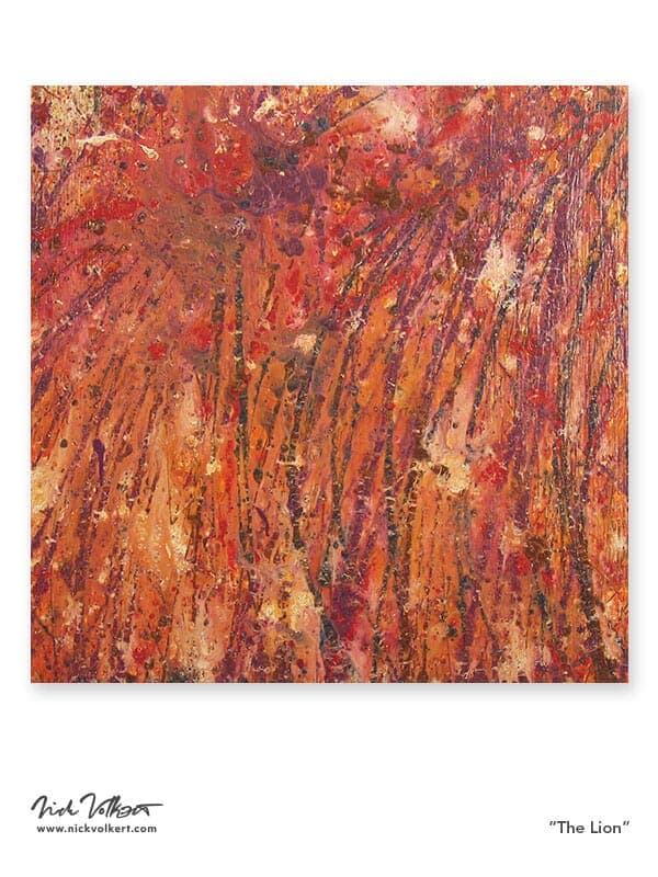 An abstract piece on a square board with a rich purple red base with hints of purple, orange and white.