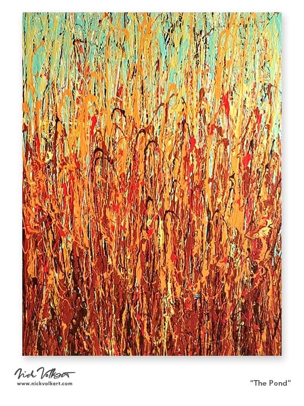 A vertical abstract piece on canvas with fiery earth tones in latex acrylic with a prominent green and yellow scheme at the top of the work.