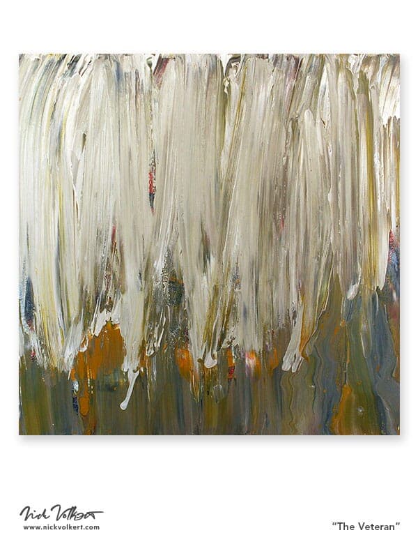 A smeraing of white mixed with an army green makes this abstract piece on a square board with hints of orange and blue.