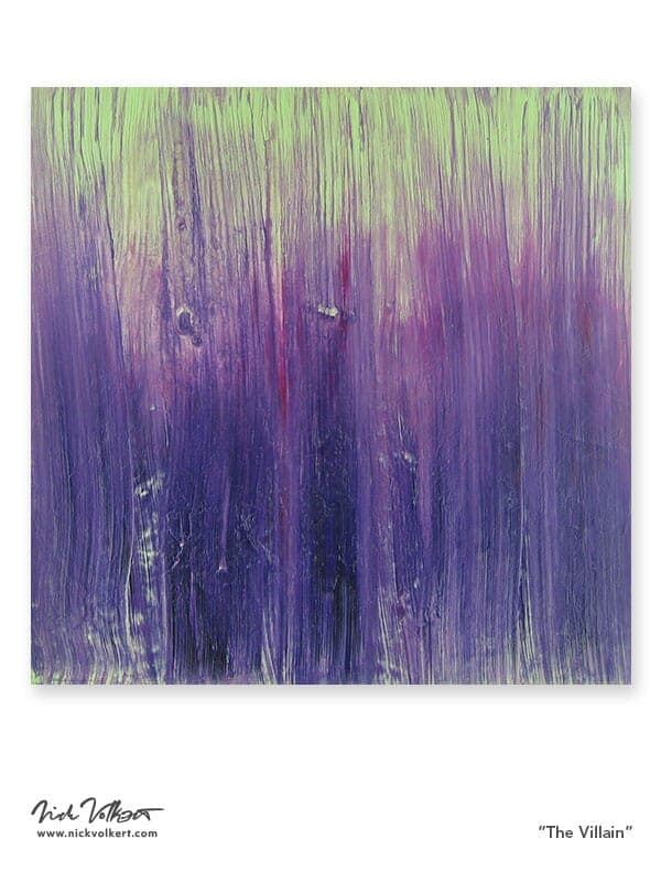 A square abstract work on panel with deep grooves made from gesso and the scraping technique, a large swath of deep purple blends with green and lighter purple.