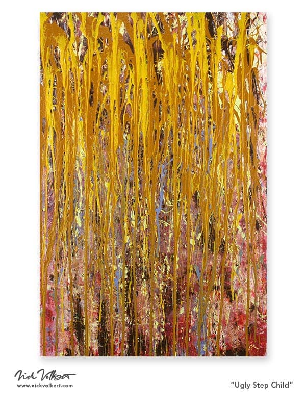 A vertical rectangular abstract work where using found paints with a egg yolk and golden yellow with some shades of red and brown.