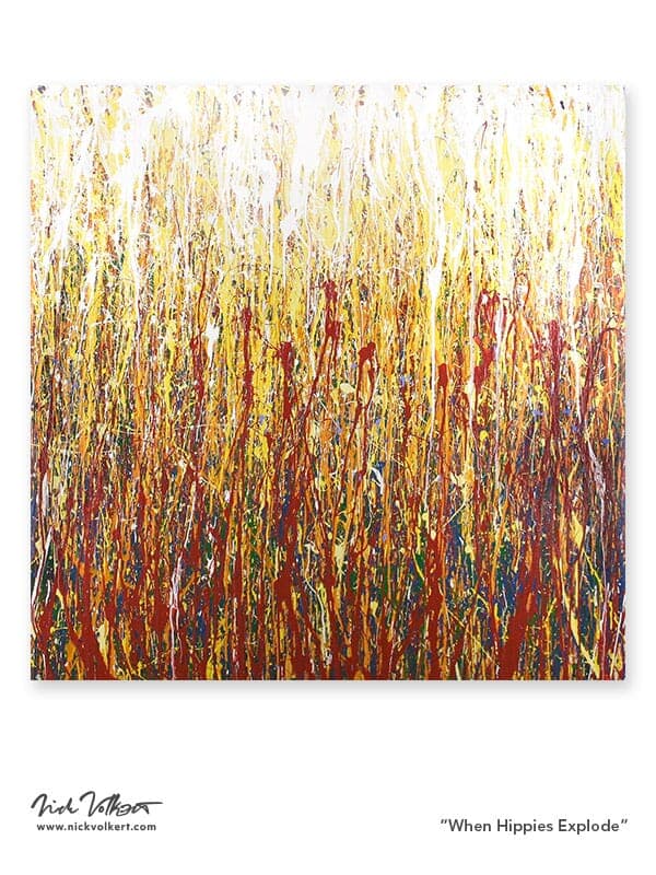 A square abstract work made with latex acrylic on canvas featuring yellow, red, ornage, yellow and gree primary colors.