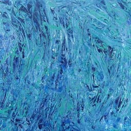An abstract painting on board with rich shades of green and blue, capturing the choppy seas of and clear waters.