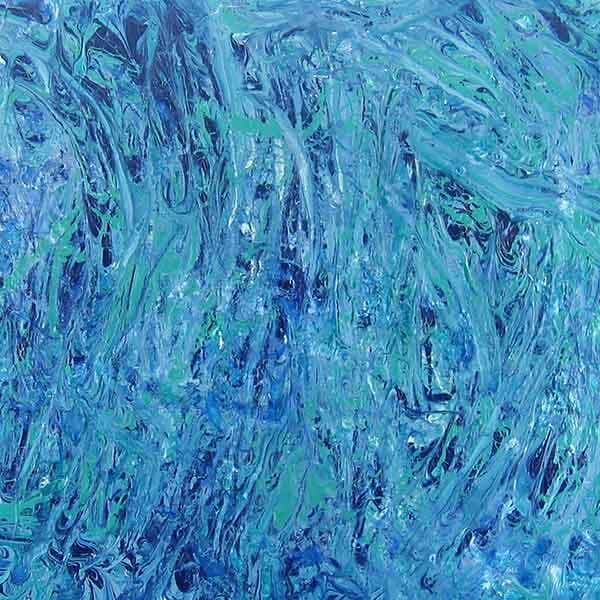 An abstract painting on board with rich shades of green and blue, capturing the choppy seas of and clear waters.