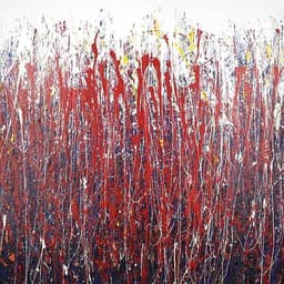 An abstract painting on stretched canvas with dominant use of red with shades of blue and white with touches of yellow.