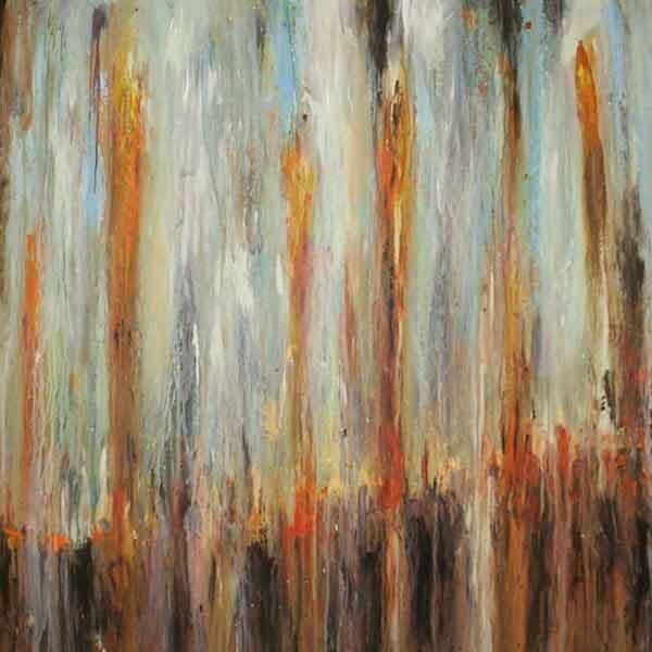 A work that is capturing a decaying boxcar side with a green field of paint disrupted by vertical orange pockets emulating rust and deep browns at the bottom of the work.
