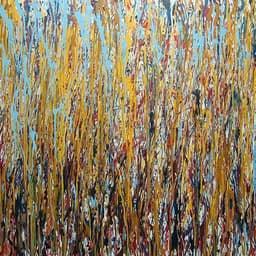 A large square abstract work with fun primary colors of light blue, yellow and red, mixing together vertically to bleed together at the bottom of the work.