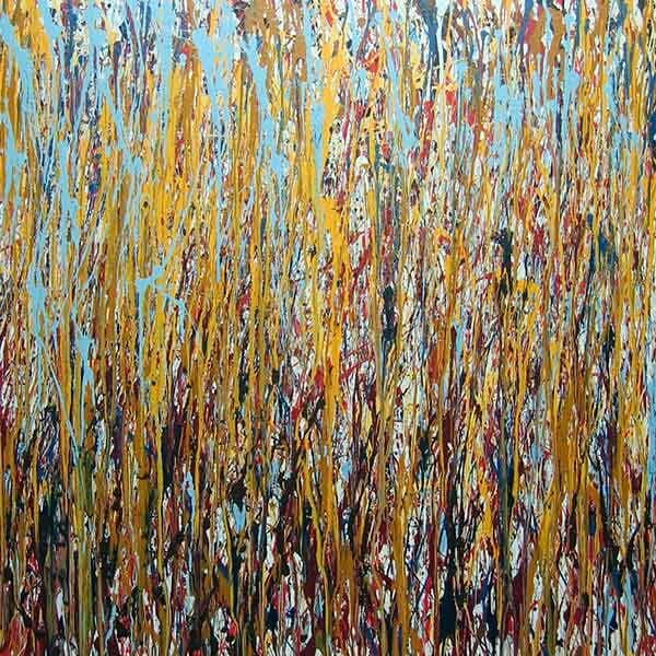 A large square abstract work with fun primary colors of light blue, yellow and red, mixing together vertically to bleed together at the bottom of the work.