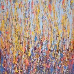 An abstract work on canvas with rich blues, yellows, oranges, and slight use of maroon red.