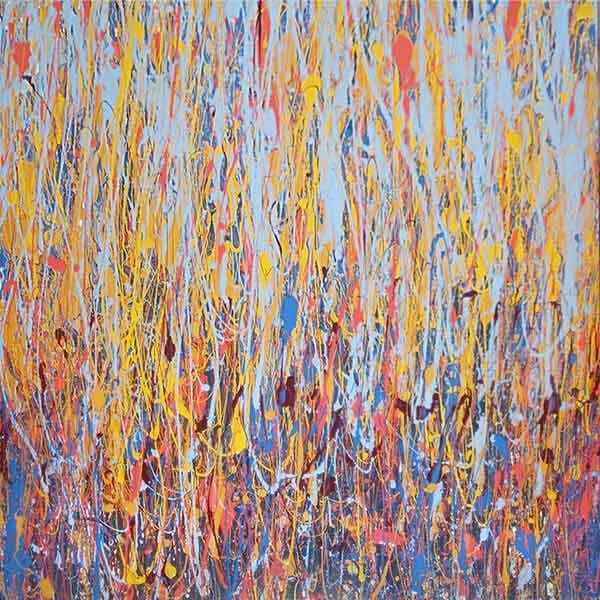 An abstract work on canvas with rich blues, yellows, oranges, and slight use of maroon red.
