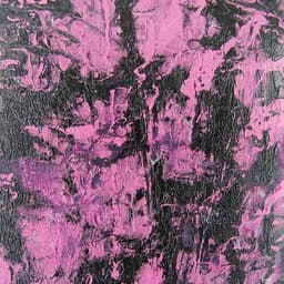 A squre abstract painting on wood panel with a rich vibrant pink color and black.