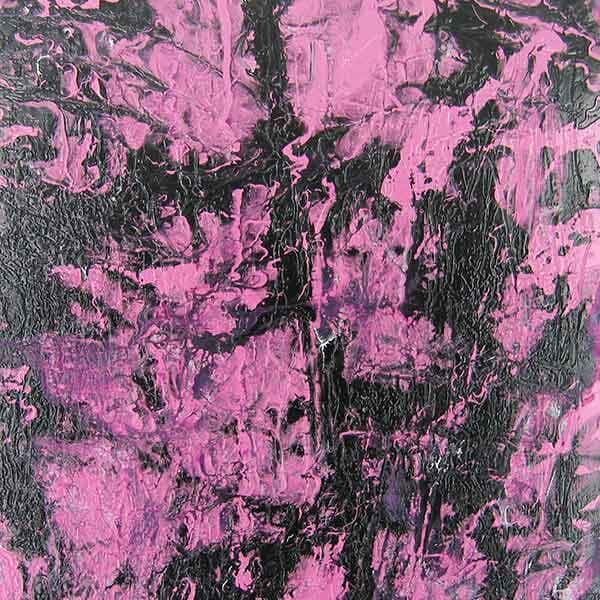 A squre abstract painting on wood panel with a rich vibrant pink color and black.