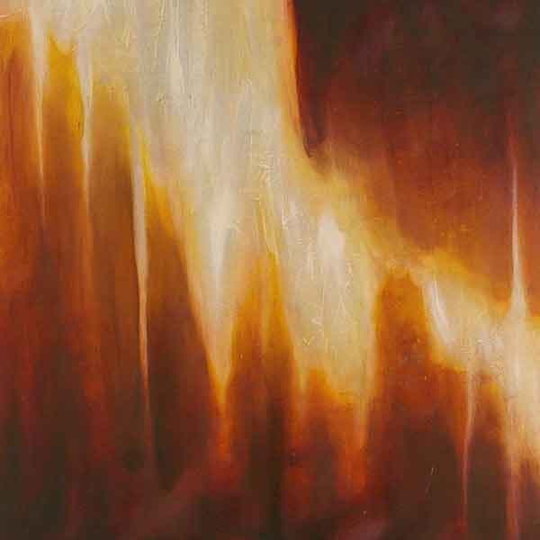 An abstract art piece with deep oranges and burning orange yellows that is divided by a pure white organic mark cutting through the top center to the bottom.