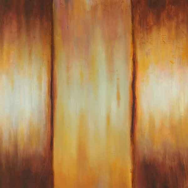 A piece with three sections, emulating a side of a train boxcar, that has dark browns on the top and bottoms with greens and oranges in the interior of the piece.