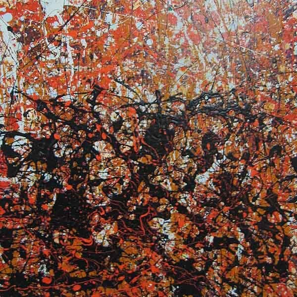An abstract work made with latex acrylic paint on a square board with layered splattered paint with black, orange, light blue and a caramel brown base.