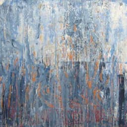 In a landscape orientation, this work has a light orange base with a dark navy/indigo blue top layer, blended with white, to create a gritty night time feel in this abstract work.