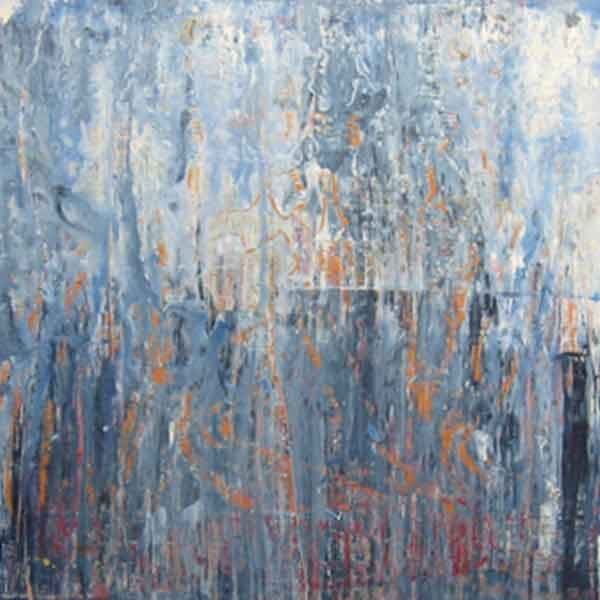 In a landscape orientation, this work has a light orange base with a dark navy/indigo blue top layer, blended with white, to create a gritty night time feel in this abstract work.