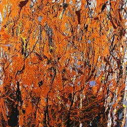 A chaotic work of orange, yellow, and black paint frantically mixes on the board as a representation of a moment of zen when in the shower after a long day.