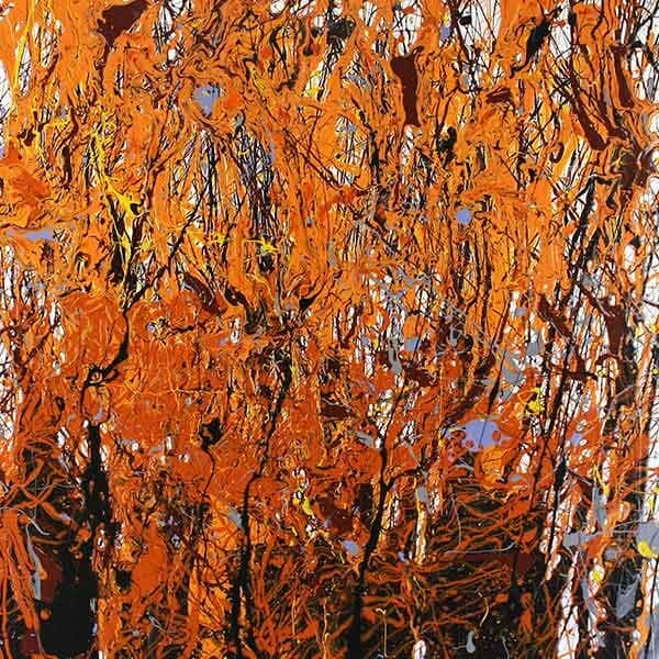 A chaotic work of orange, yellow, and black paint frantically mixes on the board as a representation of a moment of zen when in the shower after a long day.