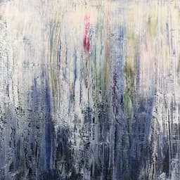 An abstract art piece made with oil paint on a board with an icy blue to white fade with a few hints of red in the composition.