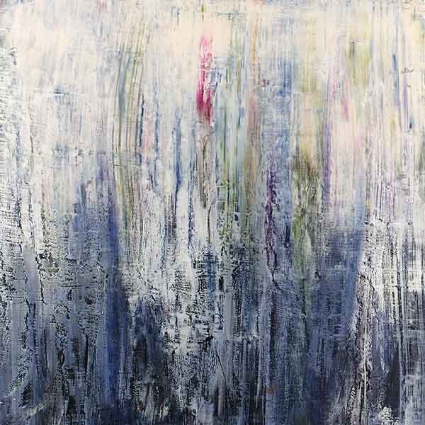 An abstract art piece made with oil paint on a board with an icy blue to white fade with a few hints of red in the composition.