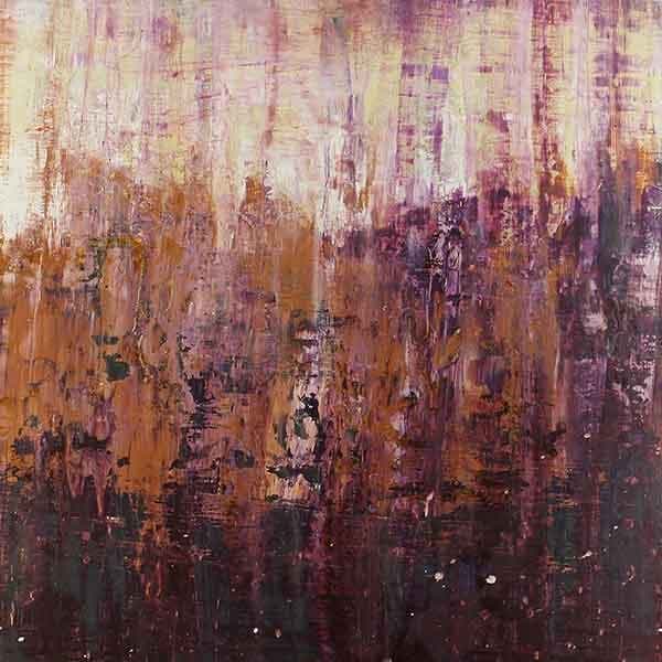 An abstract painting made with the scraping method with dark shades of purple and brown to look very cake-like.