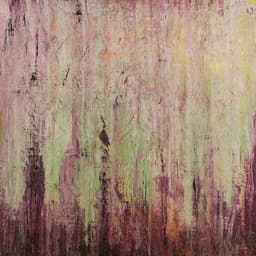 An abstract work that has a prominent green paint that has deep purple streaks on the bottom of th work with hints of yellow and orange peeking through the green.